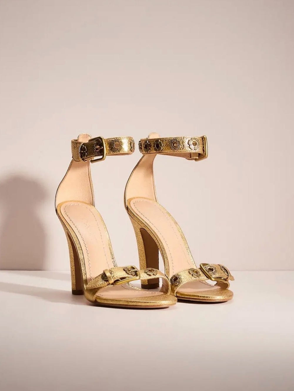 Elizabeth Coach Floral Metallic Gold Ankle Strap Block Heels Womens Size 10